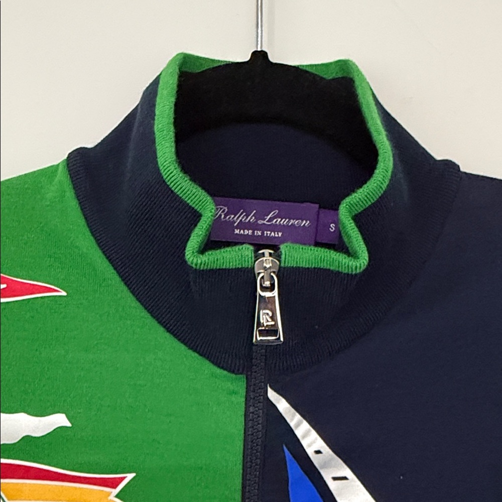 PURPLE LABEL Ralph Lauren Green & Navy Sailing Graphic Zip-Up Sweater.